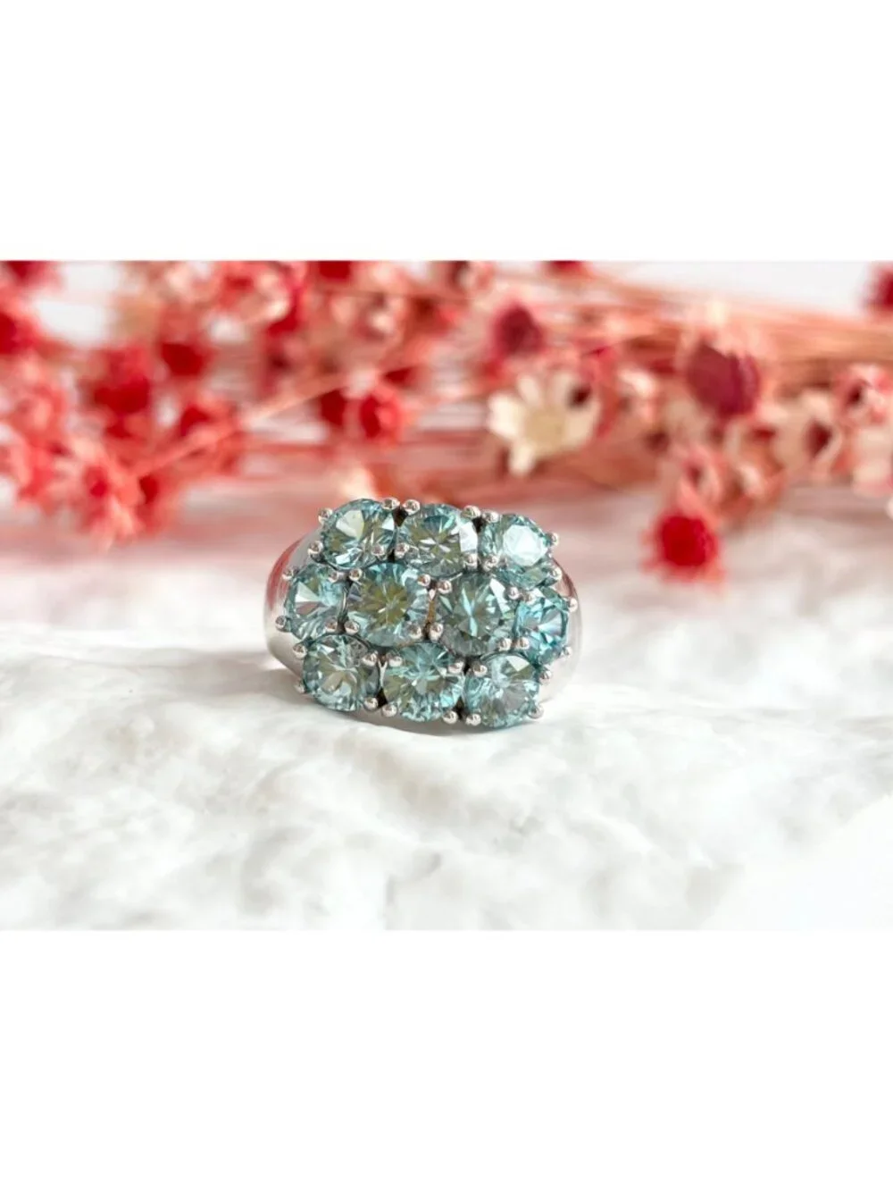 Blue Topaz Cluster Round Cut Gemstone Sterling Silver 925 Vintage Ring - sz 7.75